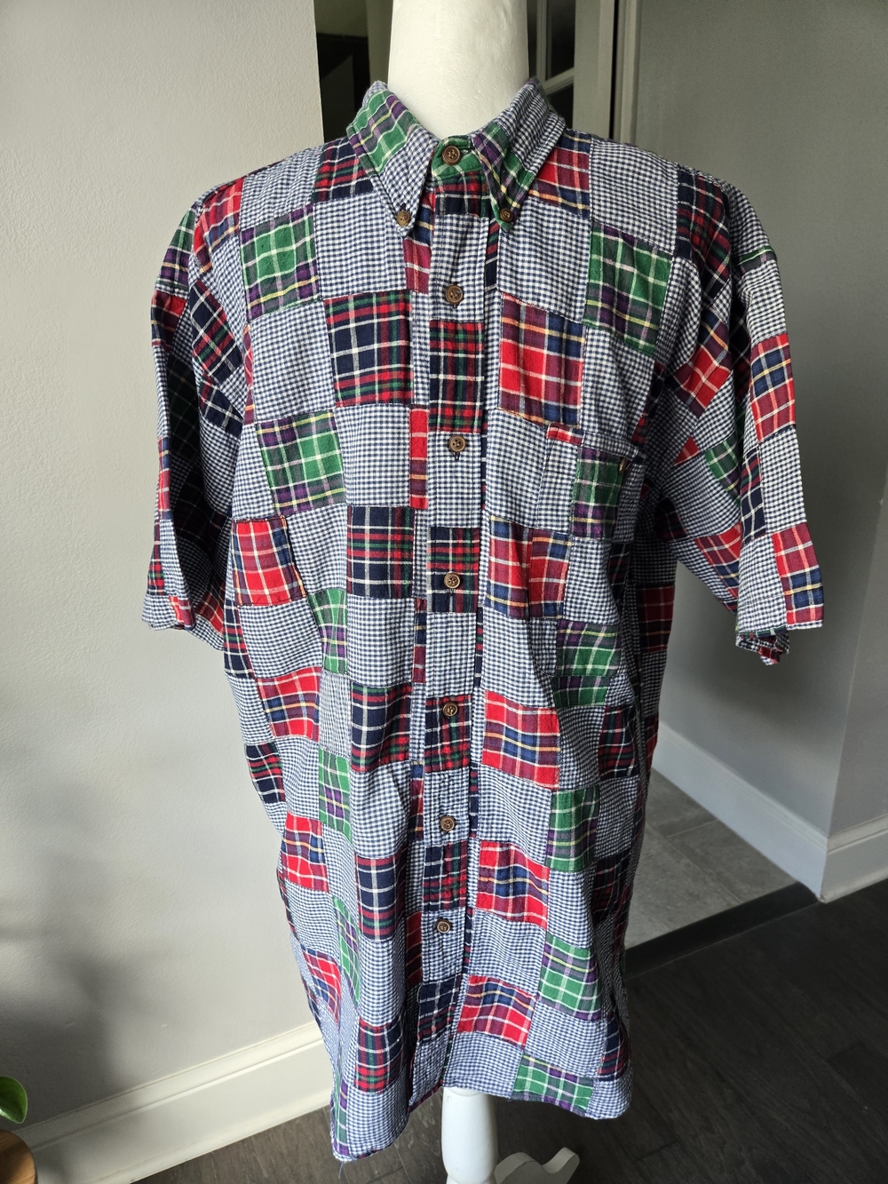 Vintage 90s Chaps Ralph Lauren Patchwork Shirt Mens L Short Sleeve Plaid Madras